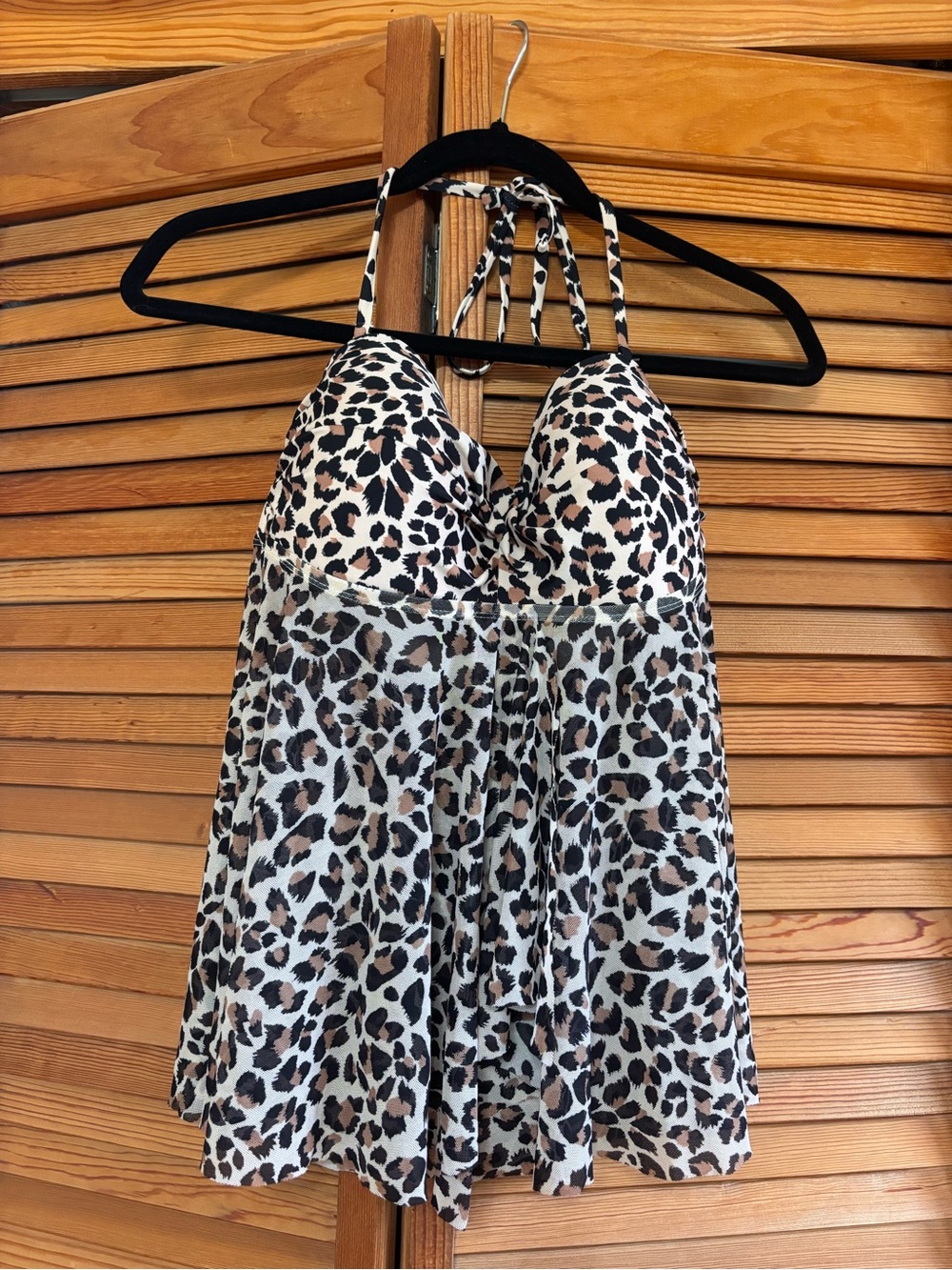 Kona Sol Leopard Print Halter swim top in Beige and Black